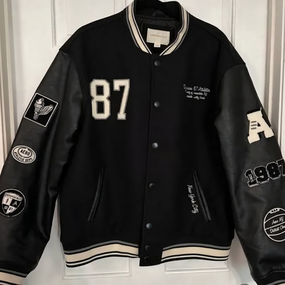 Aeropostale Black Bomber Varsity Jacket with Patches